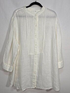 JONES NEW YORK Ivory Pintuck LINEN Full-Front-Button Pleated Tunic Plus Size 2X.
